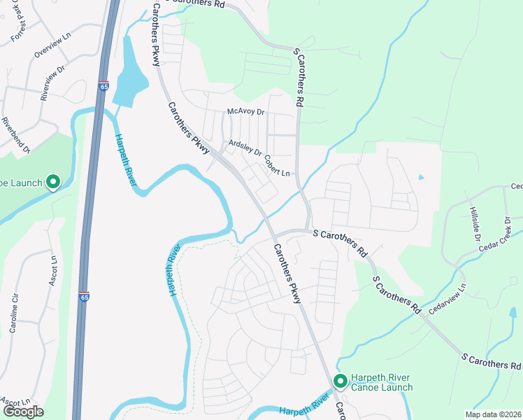 map of restaurants, bars, coffee shops, grocery stores, and more near Carothers Parkway in Franklin