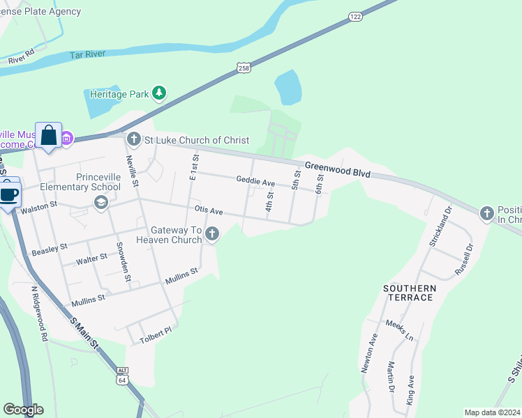 map of restaurants, bars, coffee shops, grocery stores, and more near 405 Otis Avenue in Tarboro