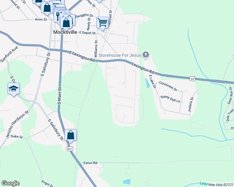 map of restaurants, bars, coffee shops, grocery stores, and more near 156 Cloister Drive in Mocksville