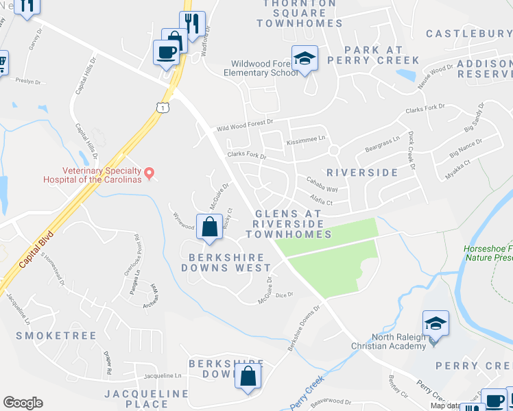 map of restaurants, bars, coffee shops, grocery stores, and more near 5110 Tomasita Court in Raleigh