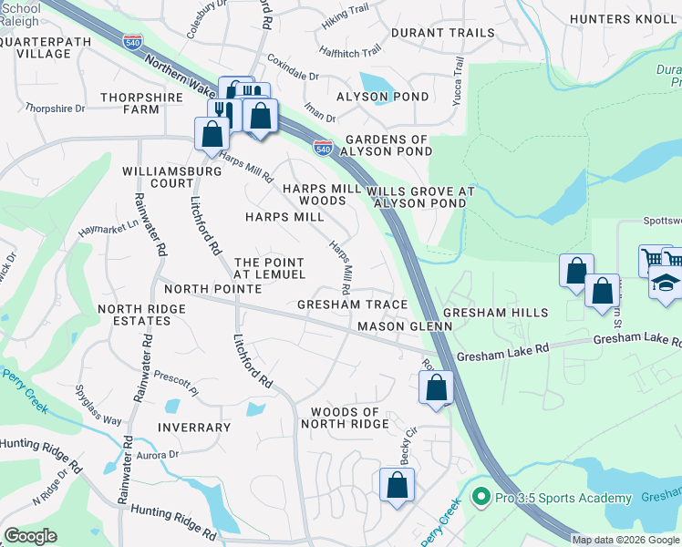 map of restaurants, bars, coffee shops, grocery stores, and more near 8710 Harps Mill Road in Raleigh