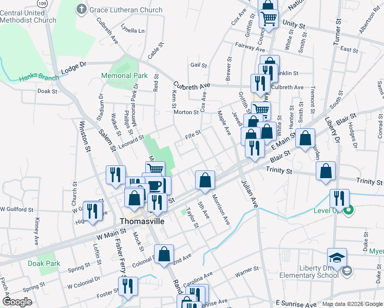 map of restaurants, bars, coffee shops, grocery stores, and more near 112A College Street in Thomasville