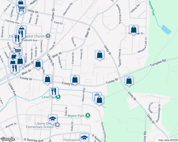 map of restaurants, bars, coffee shops, grocery stores, and more near 12 Savannah Lane in Thomasville
