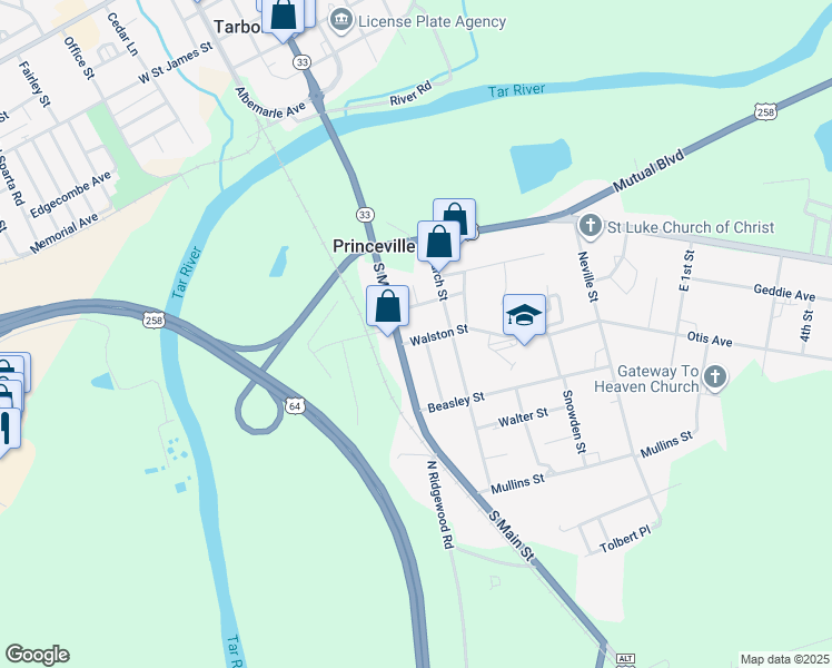 map of restaurants, bars, coffee shops, grocery stores, and more near 105 Walston Street in Princeville