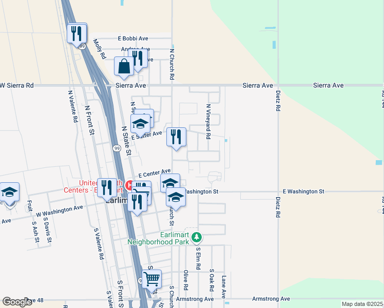 map of restaurants, bars, coffee shops, grocery stores, and more near 945 East Parade Avenue in Earlimart