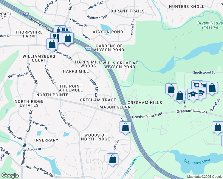 map of restaurants, bars, coffee shops, grocery stores, and more near 8116 Gresham Trace Lane in Raleigh