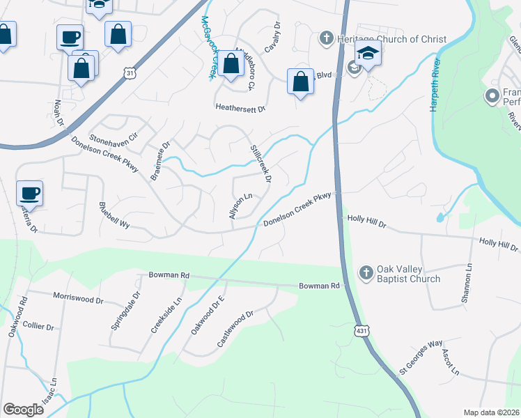 map of restaurants, bars, coffee shops, grocery stores, and more near 212 Stillcreek Drive in Franklin