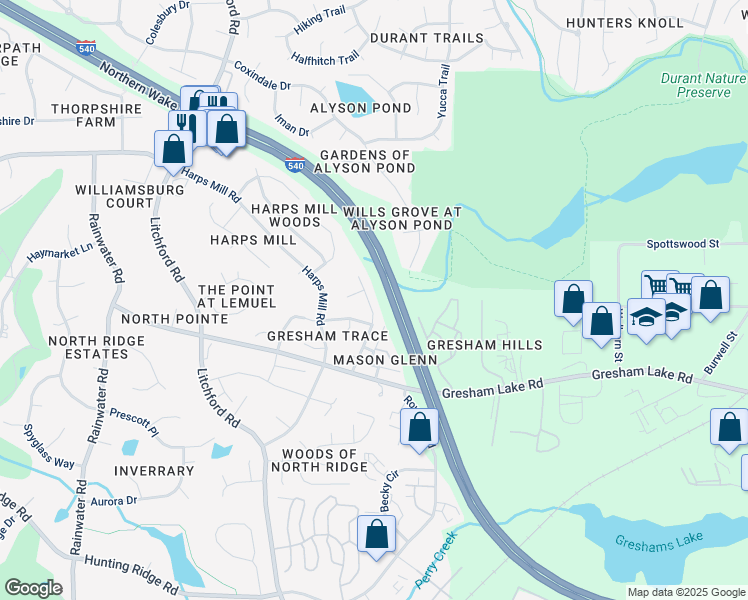 map of restaurants, bars, coffee shops, grocery stores, and more near 8116 Gresham Trace Lane in Raleigh