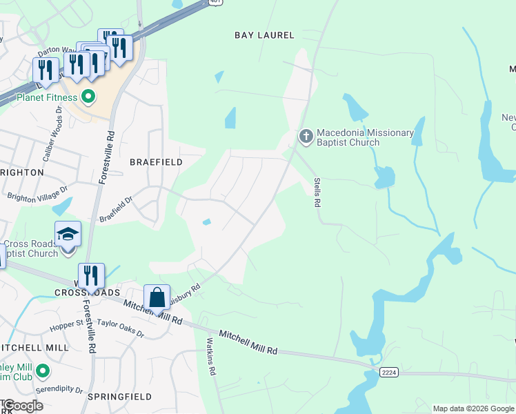 map of restaurants, bars, coffee shops, grocery stores, and more near 3923 Louisbury Road in Wake Forest