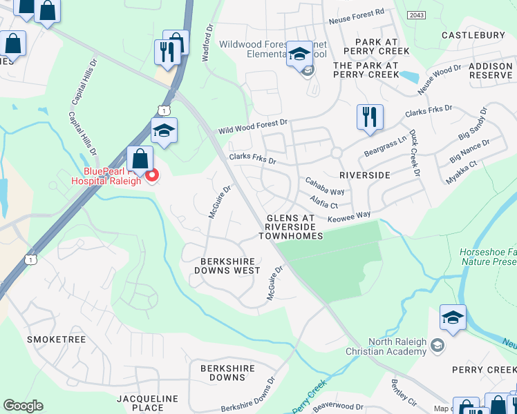 map of restaurants, bars, coffee shops, grocery stores, and more near 5110 Tomasita Court in Raleigh