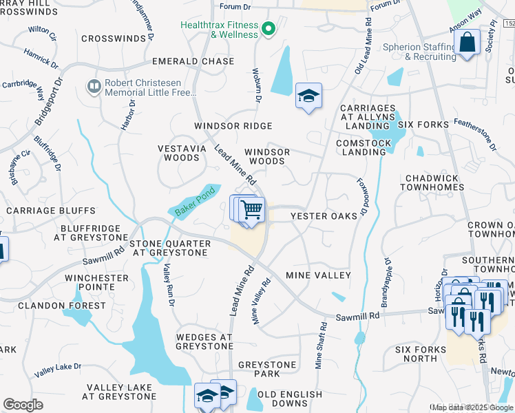 map of restaurants, bars, coffee shops, grocery stores, and more near 7808 Mayfaire Crest Lane in Raleigh