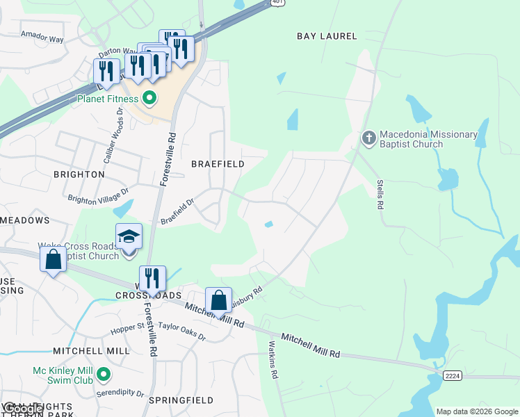 map of restaurants, bars, coffee shops, grocery stores, and more near 3811 State Road 2225 in Wake Forest