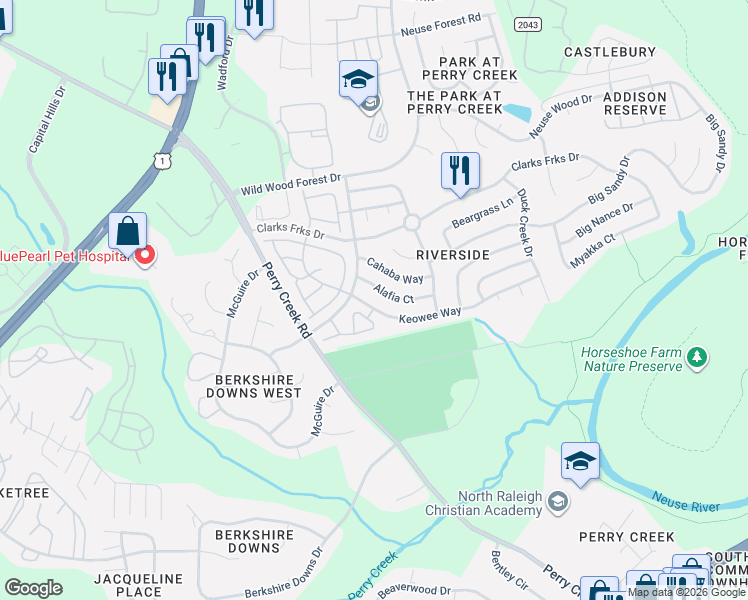 map of restaurants, bars, coffee shops, grocery stores, and more near 5424 Alafia Court in Raleigh