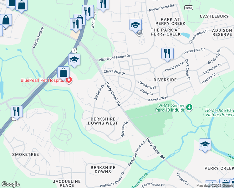 map of restaurants, bars, coffee shops, grocery stores, and more near 5110 Tomasita Court in Raleigh