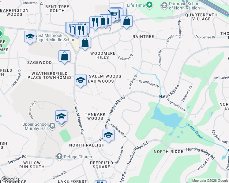 map of restaurants, bars, coffee shops, grocery stores, and more near 7305 Fiesta Way in Raleigh