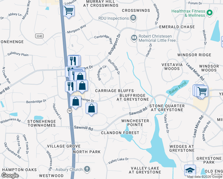 map of restaurants, bars, coffee shops, grocery stores, and more near 7919 Footman Way in Raleigh