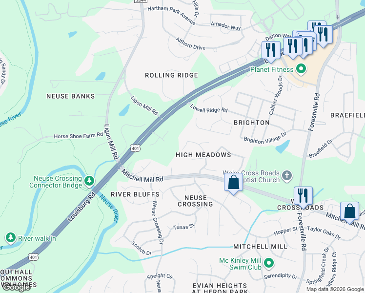 map of restaurants, bars, coffee shops, grocery stores, and more near 8220 Round Oak Road in Raleigh