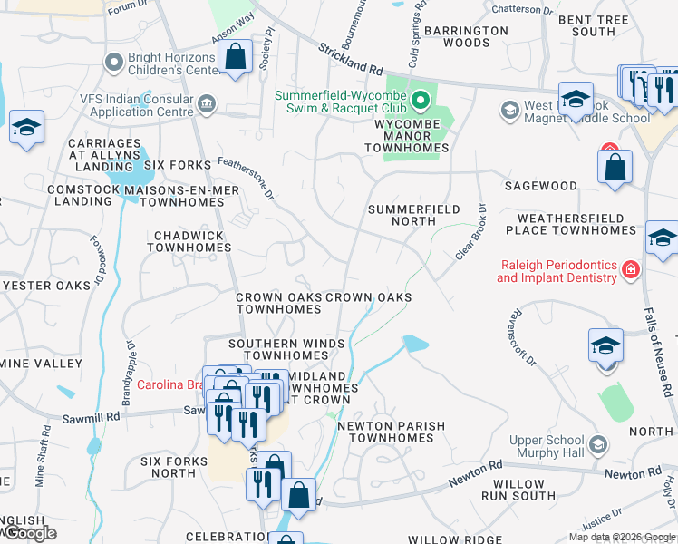 map of restaurants, bars, coffee shops, grocery stores, and more near 8009 Mourning Dove Road in Raleigh