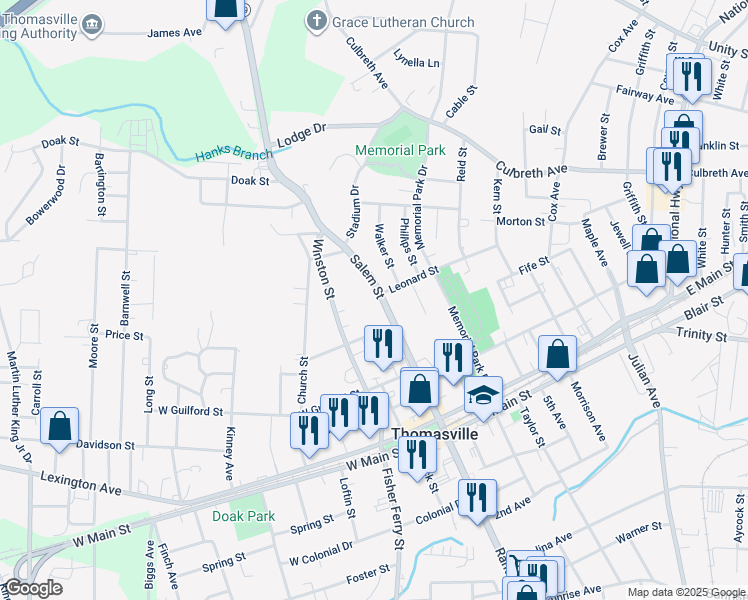 map of restaurants, bars, coffee shops, grocery stores, and more near 208 Salem Street in Thomasville