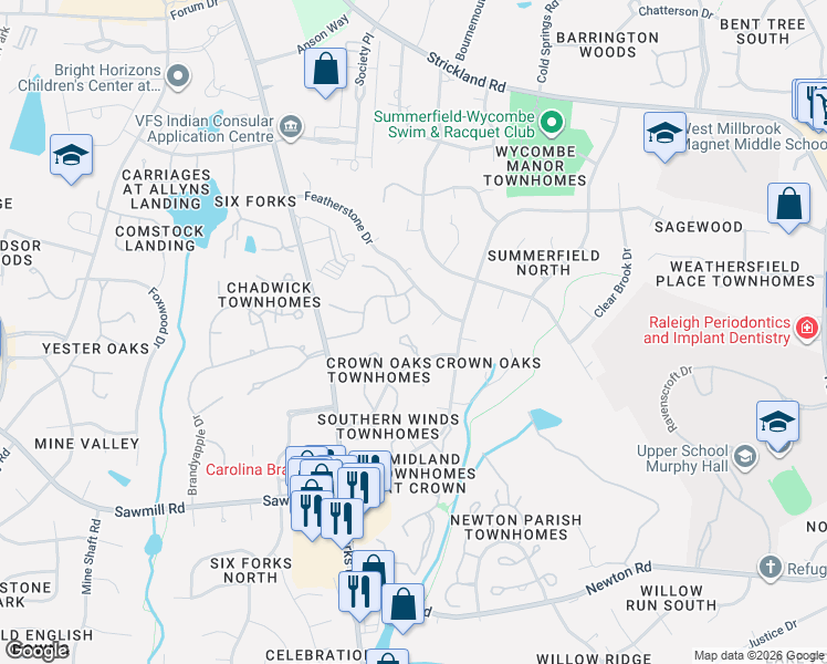 map of restaurants, bars, coffee shops, grocery stores, and more near 7734 Crown Crest Court in Raleigh