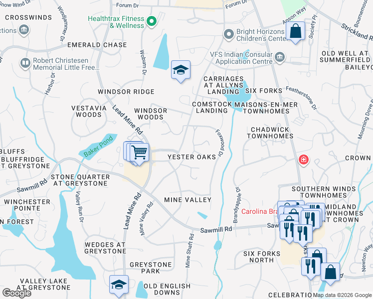 map of restaurants, bars, coffee shops, grocery stores, and more near 8017 Old Lead Mine Road in Raleigh