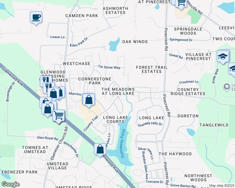 map of restaurants, bars, coffee shops, grocery stores, and more near 7806 San Gabriel Street in Raleigh