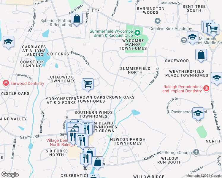 map of restaurants, bars, coffee shops, grocery stores, and more near 8009 Mourning Dove Road in Raleigh