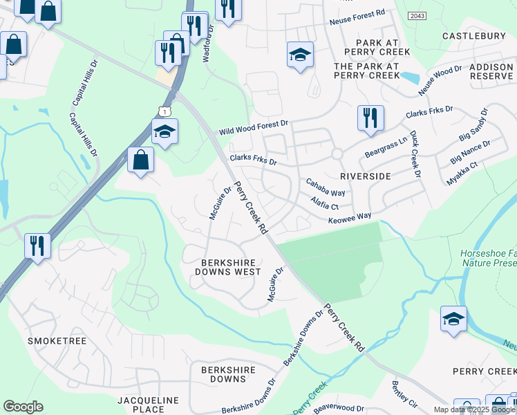 map of restaurants, bars, coffee shops, grocery stores, and more near 8205 Candelaria Drive in Raleigh