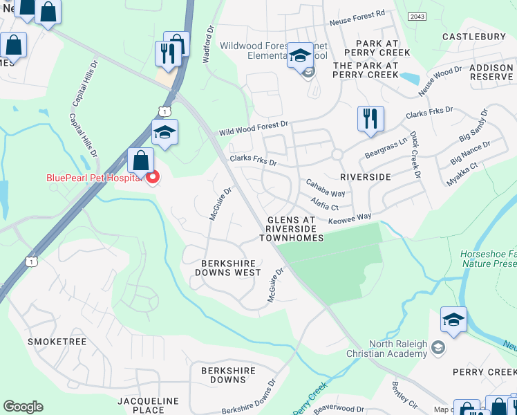 map of restaurants, bars, coffee shops, grocery stores, and more near 8205 Candelaria Drive in Raleigh