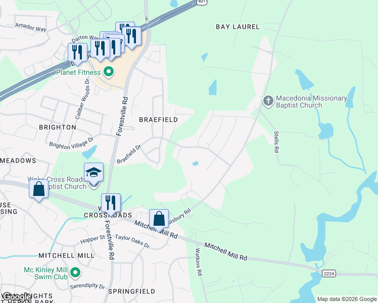 map of restaurants, bars, coffee shops, grocery stores, and more near 3811 State Road 2225 in Wake Forest