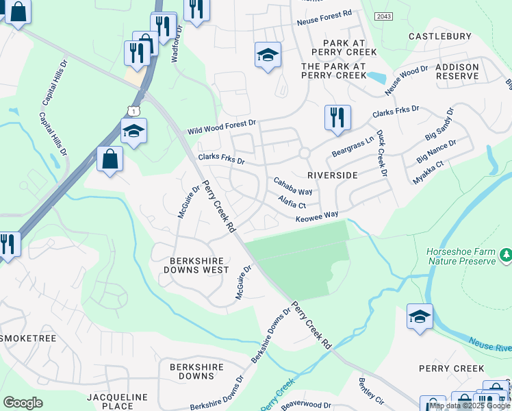 map of restaurants, bars, coffee shops, grocery stores, and more near 5303 Glen Canyon Road in Raleigh