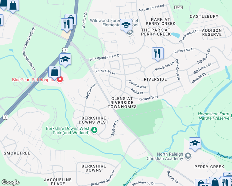 map of restaurants, bars, coffee shops, grocery stores, and more near 5314 Glen Canyon Road in Raleigh