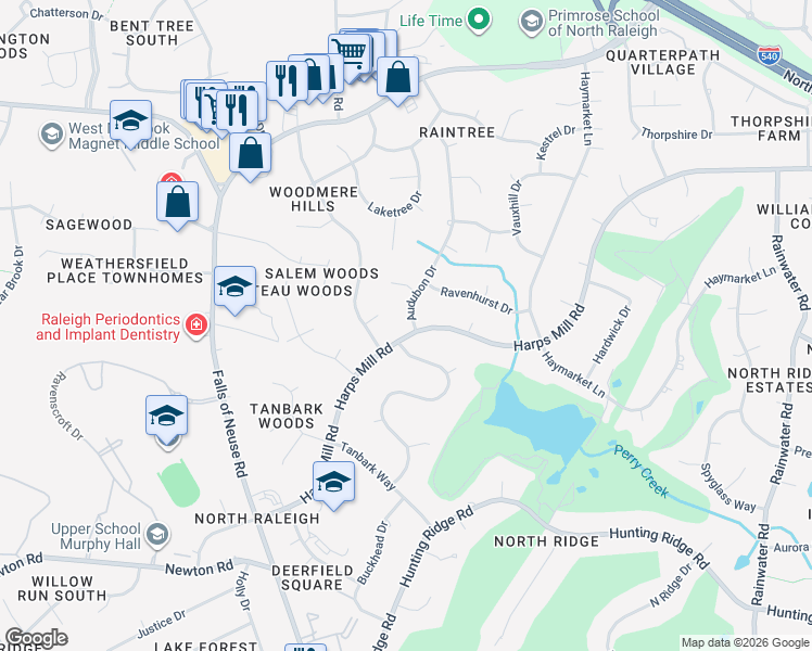 map of restaurants, bars, coffee shops, grocery stores, and more near 7600 Audubon Drive in Raleigh