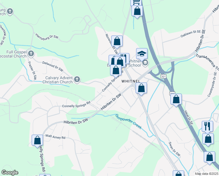 map of restaurants, bars, coffee shops, grocery stores, and more near 405 Connelly Springs Road in Lenoir