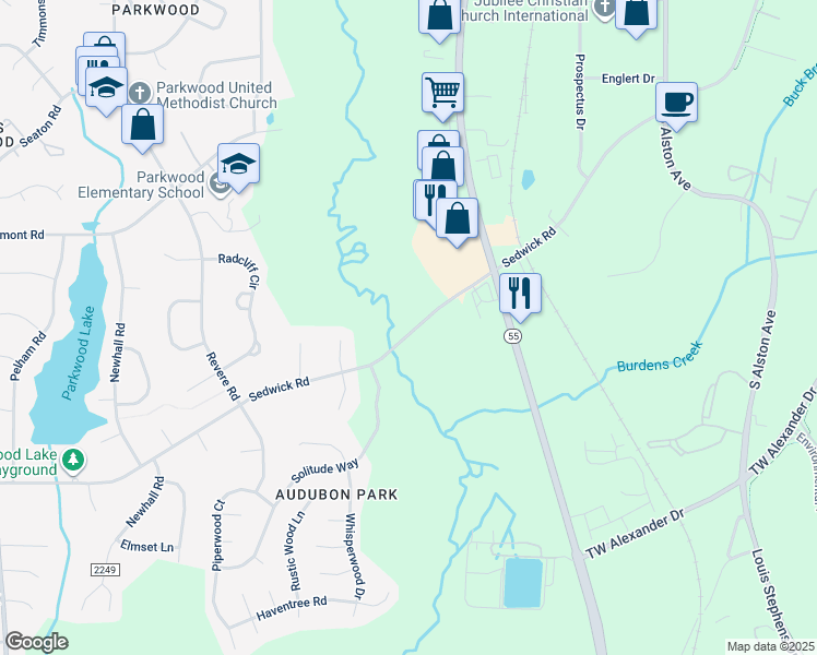 map of restaurants, bars, coffee shops, grocery stores, and more near 1805 Sedwick Road in Durham