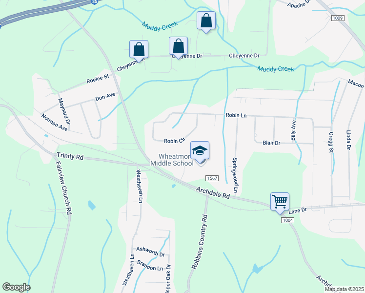 map of restaurants, bars, coffee shops, grocery stores, and more near 224 Robin Circle in Archdale