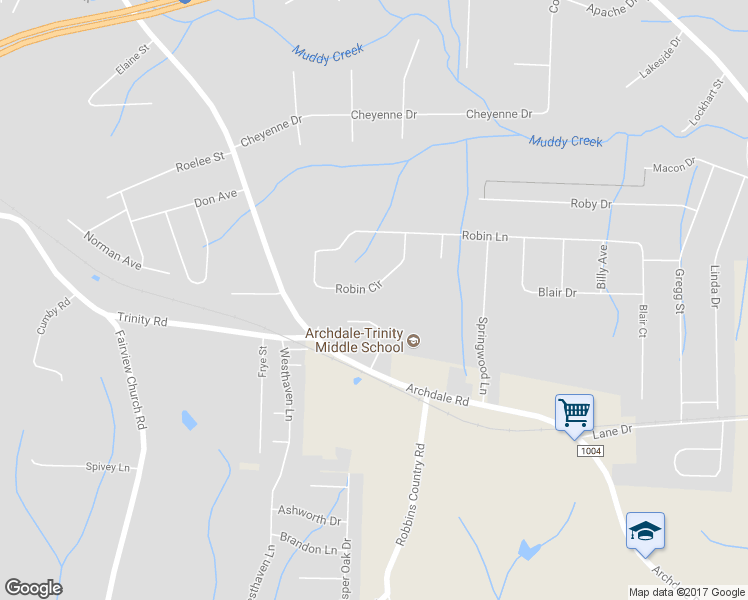map of restaurants, bars, coffee shops, grocery stores, and more near 224 Robin Circle in Archdale