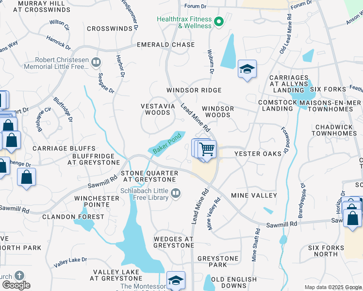 map of restaurants, bars, coffee shops, grocery stores, and more near 7825 Breckon Way in Raleigh