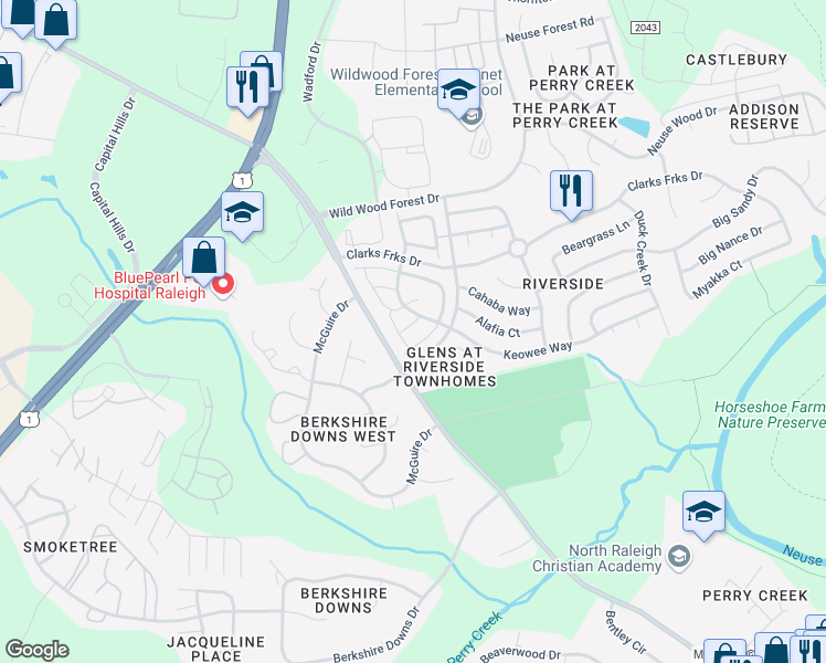 map of restaurants, bars, coffee shops, grocery stores, and more near 5110 Tomasita Court in Raleigh