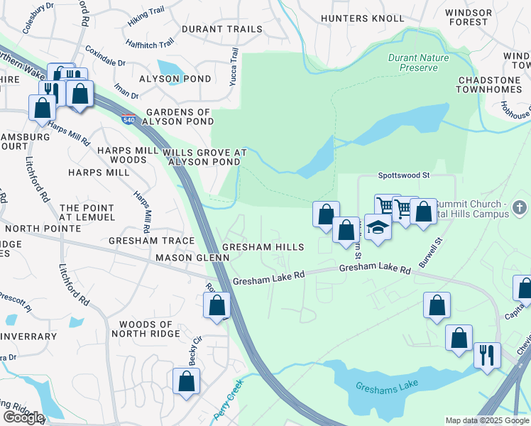 map of restaurants, bars, coffee shops, grocery stores, and more near 7654 Gresham Hills Drive in Raleigh