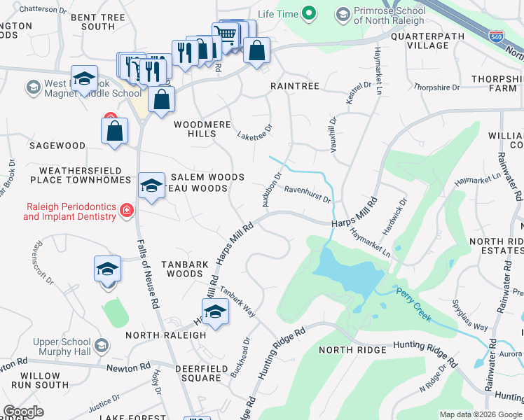 map of restaurants, bars, coffee shops, grocery stores, and more near 7600 Audubon Drive in Raleigh