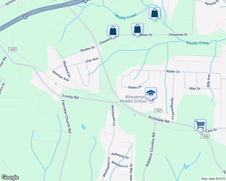 map of restaurants, bars, coffee shops, grocery stores, and more near 210 Robin Circle in Archdale