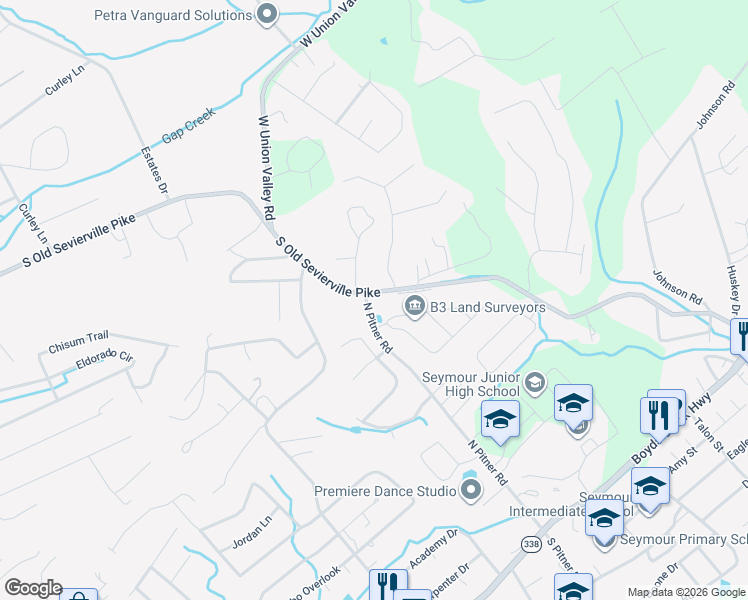 map of restaurants, bars, coffee shops, grocery stores, and more near 565 South Old Sevierville Pike in Seymour