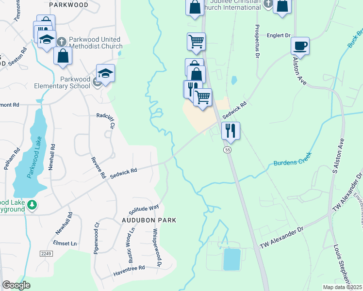 map of restaurants, bars, coffee shops, grocery stores, and more near 1805 Sedwick Road in Durham