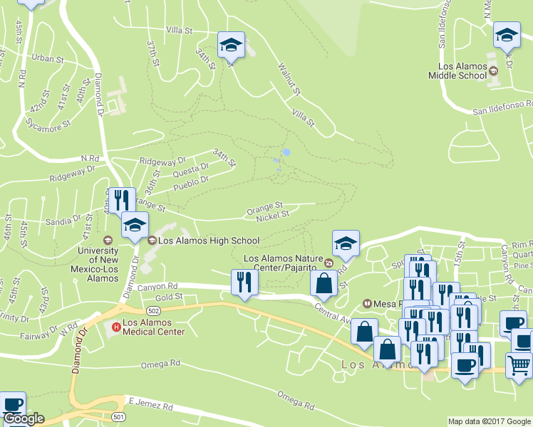 map of restaurants, bars, coffee shops, grocery stores, and more near 3034 Nickel Street in Los Alamos