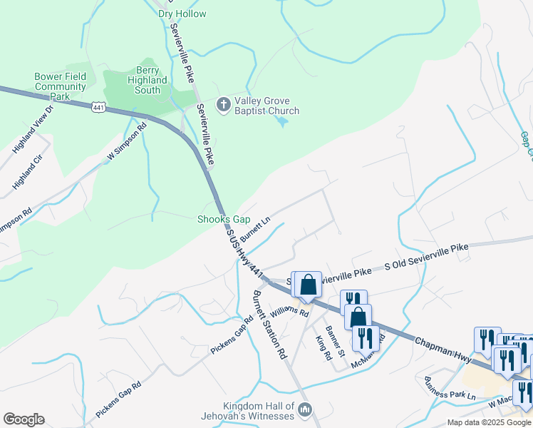 map of restaurants, bars, coffee shops, grocery stores, and more near 130 Burnett Lane in Knoxville