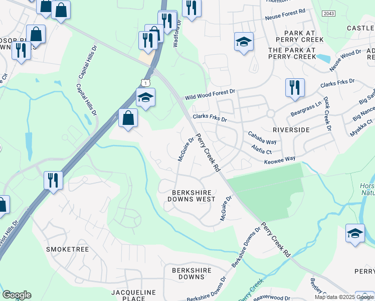 map of restaurants, bars, coffee shops, grocery stores, and more near 8348 McGuire Drive in Raleigh