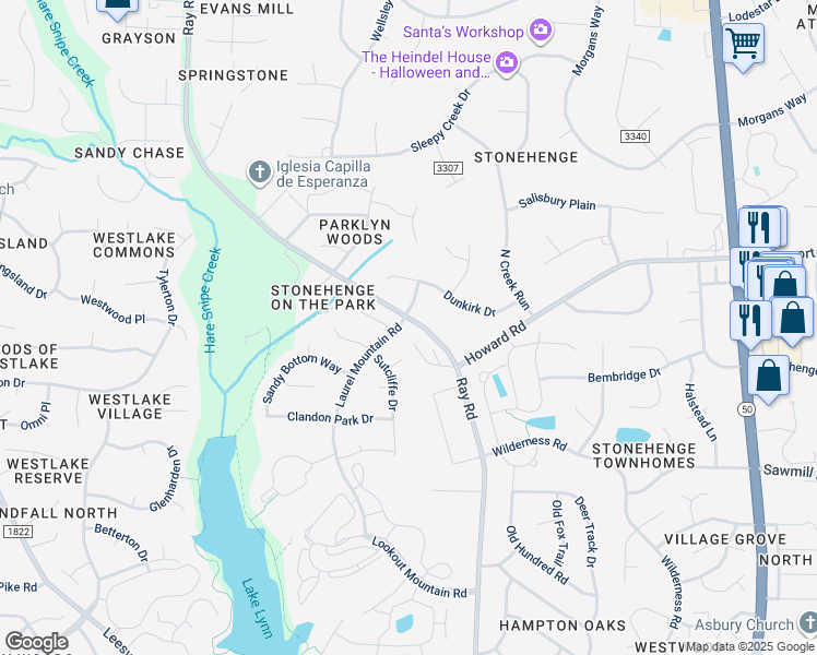map of restaurants, bars, coffee shops, grocery stores, and more near 8016 Laurel Mountain Road in Raleigh