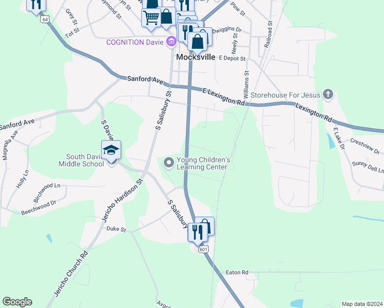 map of restaurants, bars, coffee shops, grocery stores, and more near 534 South Main Street in Mocksville