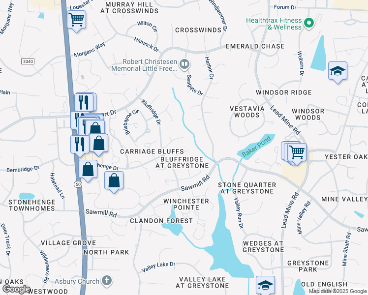 map of restaurants, bars, coffee shops, grocery stores, and more near 1208 Cliffside Circle in Raleigh